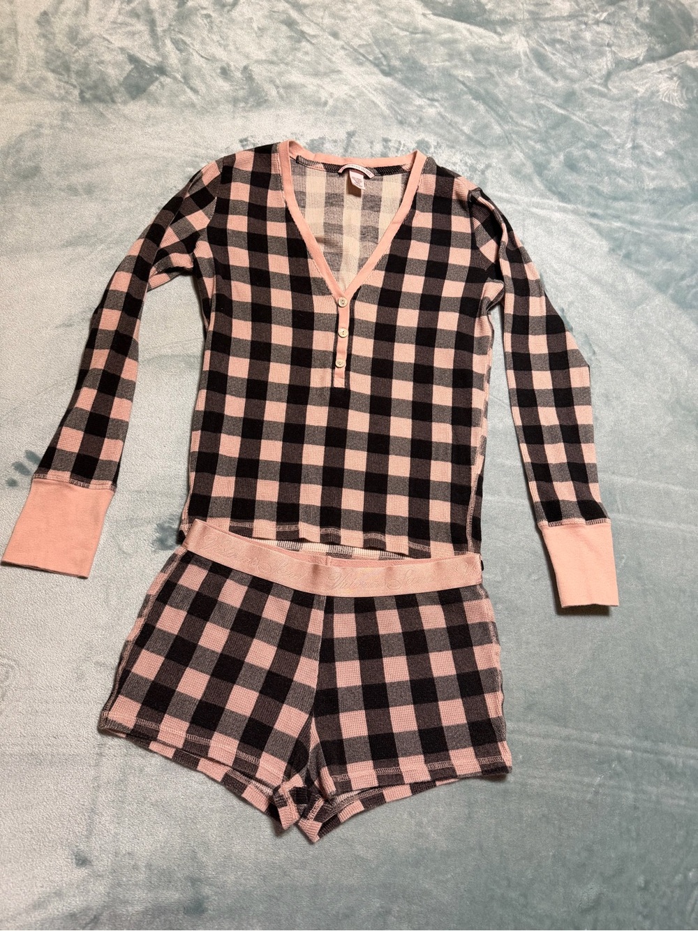 Victoria's Secret Pink and Black Buffalo Check Long Sleeve Henley Pajama Set